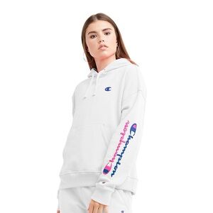 Champion White Hoodie with Hot Pink and Blue Logo